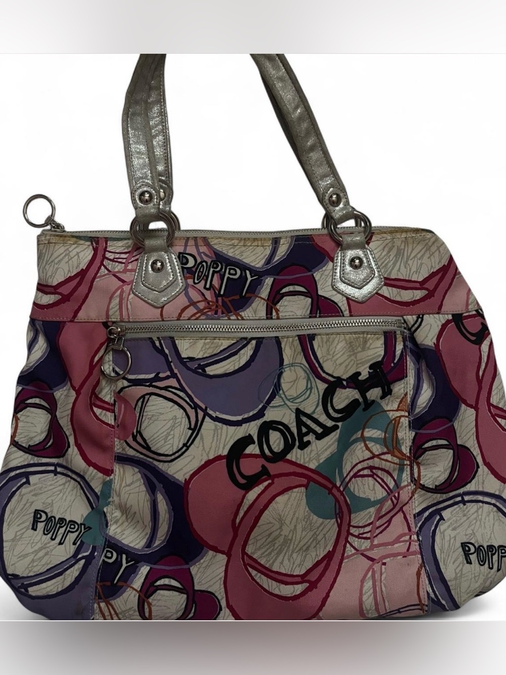 HAPPY COACH 17929 Poppy Multi Heart PINK PURPLE Glam 18x12 Tote Bag RARE